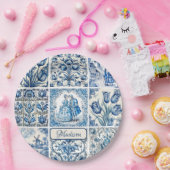 シックな青の白いトワール・ド・ジョイ人形と花 ペーパープレート (パーティー)