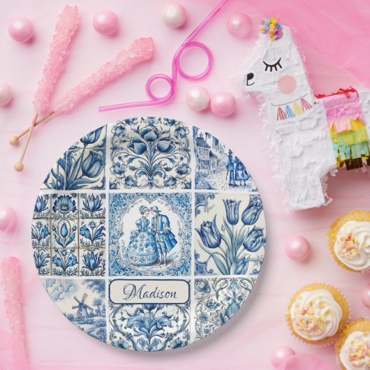 シックな青の白いトワール・ド・ジョイ人形と花 ペーパープレート (パーティー)