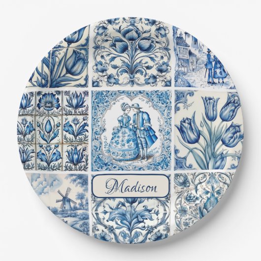 シックな青の白いトワール・ド・ジョイ人形と花 ペーパープレート (正面)