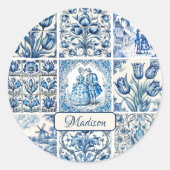 シックな青の白いトワール・ド・ジョイ人形と花 ラウンドシール (正面)