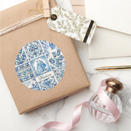 シックな青の白いトワール・ド・ジョイ人形と花 ラウンドシール