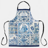 シックな青の白いフレームtoile de jouy monogram エプロン (正面)
