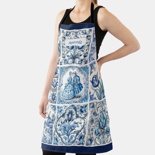 シックな青の白いフレームtoile de jouy monogram エプロン (インサイチュ)