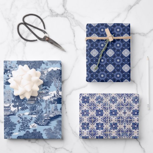 シックな青の白い柳chinoiserie toile ラッピングペーパーシート (正面)
