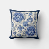 シックな青の白フローラchinoiserieトイレモノグラム クッション (正面)
