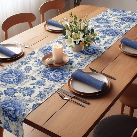 シックな青の白フローラchinoiserieトイレモノグラム ショートテーブルランナー