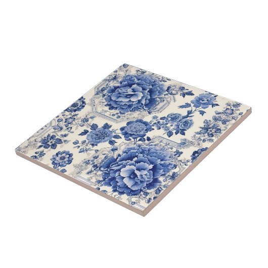 シックな青の白フローラchinoiserieトイレモノグラム タイル (側面)