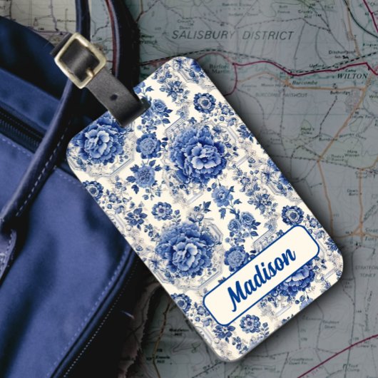 シックな青の白フローラchinoiserieトイレモノグラム ラゲッジタグ