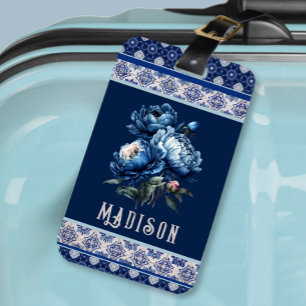 シックな青の花chinoiserieトイレモノグラム ラゲッジタグ