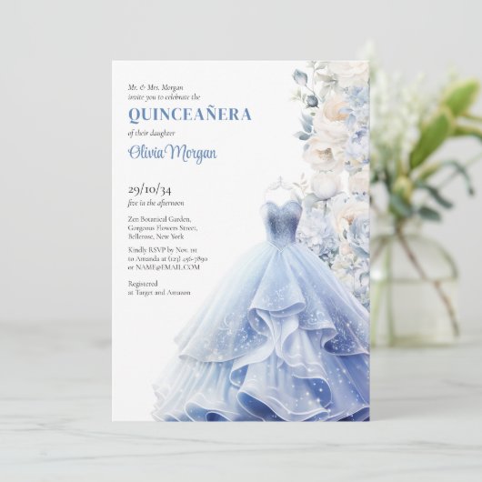 シックな青の華やかなドレスの水色の花の牡丹 招待状 (スタンド正面)