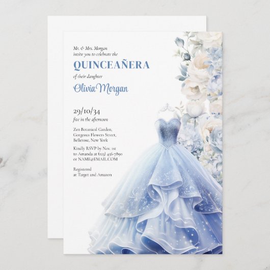 シックな青の華やかなドレスの水色の花の牡丹 招待状 (正面/裏面)