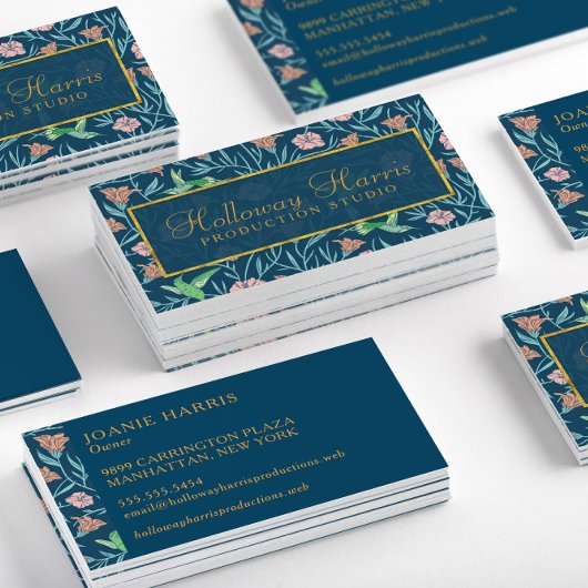 シックな青ハミングバードと花のパターン 名刺