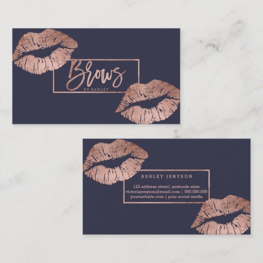 シックな額のタイポグラフィの唇ののどのばら色の金ゴールド 名刺 (正面/裏面)