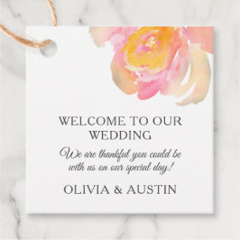 シックな高級ピンクの水カラーバラ。庭園の結婚式 フェイバータグ