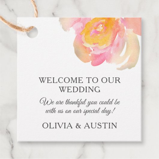 シックな高級ピンクの水カラーバラ。庭園の結婚式 フェイバータグ (正面)