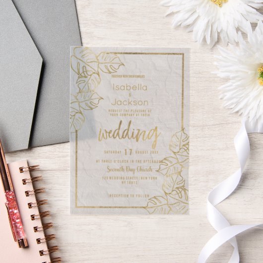 シックな高級ホワイトフランスの金ゴールド結婚フローラ ベラム紙招待状 (ウェディング)