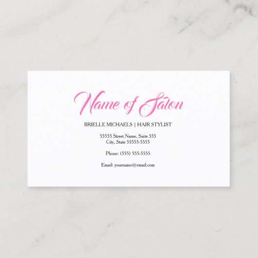 シックな髪のサロンピンクと黒の女性美容師 名刺 (裏面)