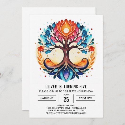 シックな魅惑のツリーオブライフ誕生日 招待状 (正面/裏面)