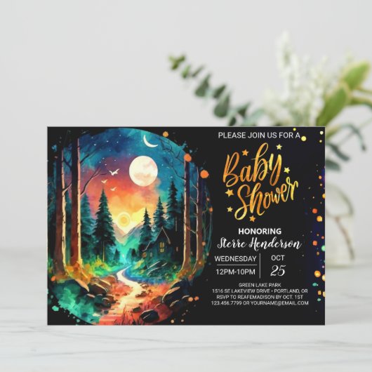 シックな魅惑の森の赤ちゃんシャワー 招待状 (スタンド正面)