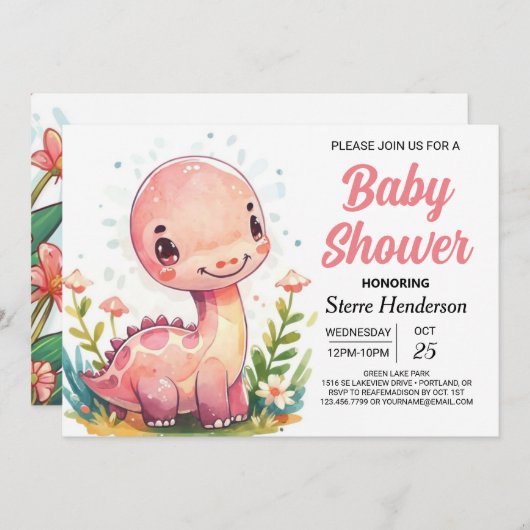 シックな魔法の印刷可能な恐竜の女の子の赤ちゃんシャワー 招待状 (正面/裏面)