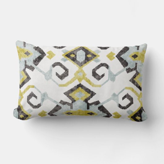 シックな黄色および灰色のイカット種族パターン ランバークッション (正面)