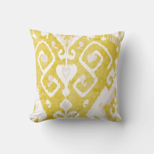 シックな黄色および灰色のダマスク織のイカット種族パターン クッション (正面)
