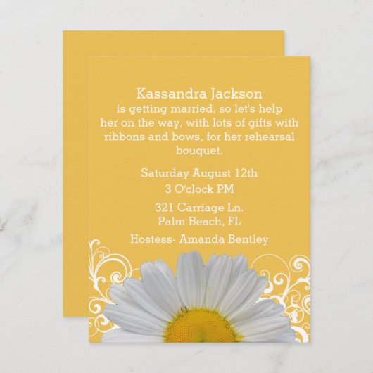 シックな黄色とデイジーブライダルシャワー招待 招待状 (正面/裏面)