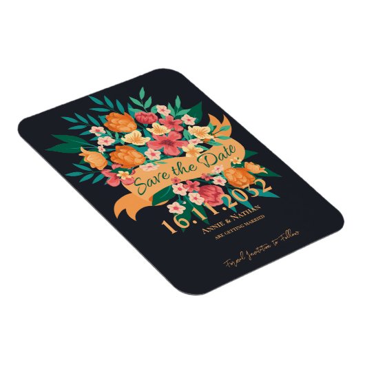 シックな黄色のオレンジ色の花模様結婚式日付を保存 マグネット (右側)