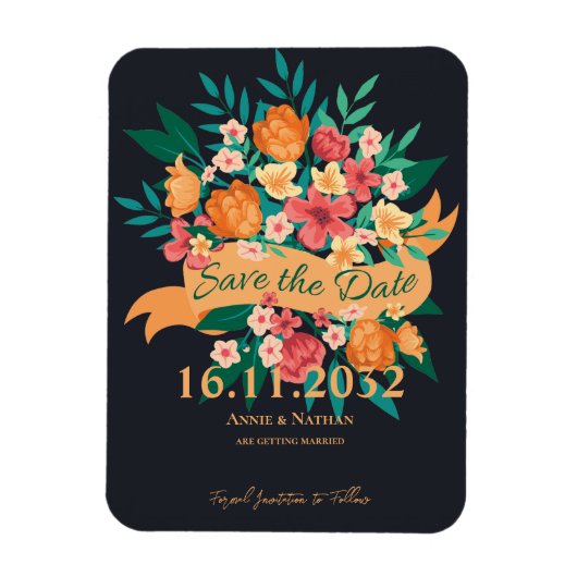 シックな黄色のオレンジ色の花模様結婚式日付を保存 マグネット (縦)