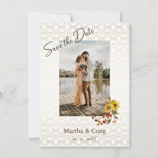 シックな黄色のヒマワリのレース写真の日付を保存 招待状 (正面)