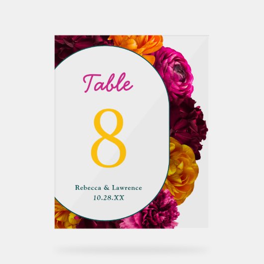 シックな黄色のピンクの緑結婚のフローラのテーブル番号 アクリルサイン (正面)