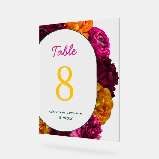 シックな黄色のピンクの緑結婚のフローラのテーブル番号 アクリルサイン (傾斜)