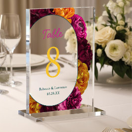 シックな黄色のピンクの緑結婚のフローラのテーブル番号 アクリルサイン