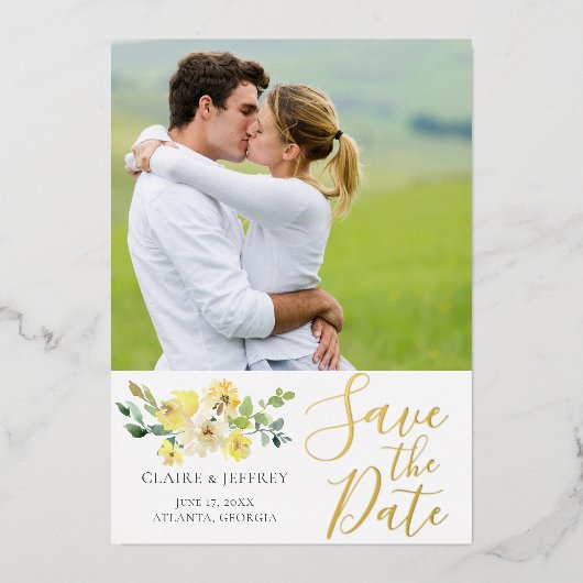 シックな黄色のフローラ写真の夏の日付金ゴールドを保存 箔招待状 (正面)