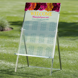 シックな黄色のホットピンクグリーン結婚フローラ席 アクリルサイン