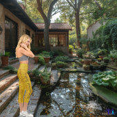 シックな黄色の格子模様デニム:パーソナライズされたロゴと文字 カプリレギンス