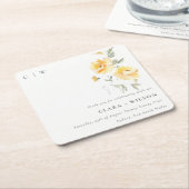 シックな黄色の緑の水の色のバラフラワー結婚ズ スクエアペーパーコースター (アングル)