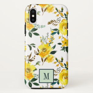 シックな黄色の花と葉モノグラム iPhone XSケース