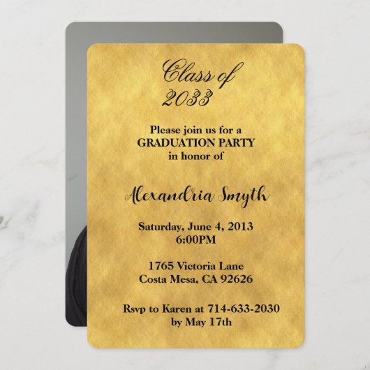 シックな黄色の金ゴールド卒業あなたの写真 招待状 (正面/裏面)