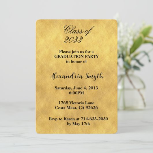 シックな黄色の金ゴールド卒業あなたの写真 招待状 (スタンド正面)