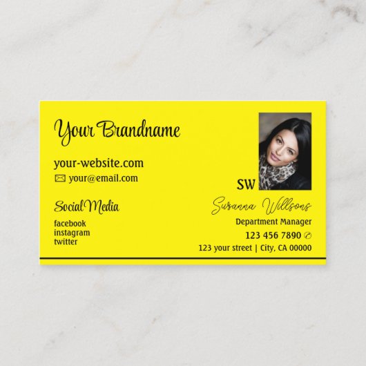 シックな黄色の黒ストライプいとモノグラムと写真 名刺 (裏面)