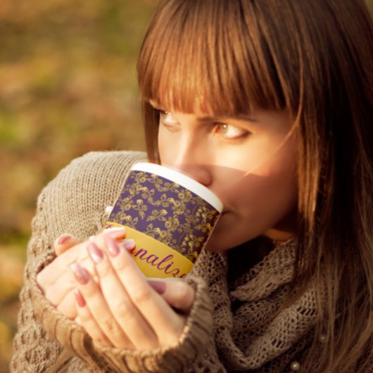 シックな黄金色の花の紫色のパターン |パーソナライズされた | ジャンボコーヒーマグカップ