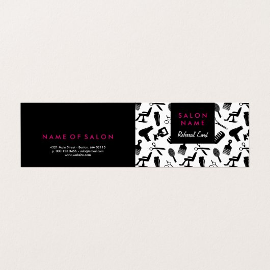 シックな黒い及びショッキングピンクのヘアーサロンの紹介カード 名刺 (外部フラット)