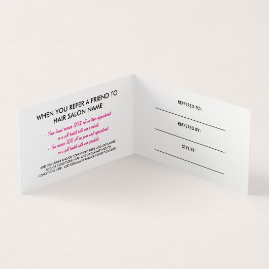 シックな黒い及びショッキングピンクのヘアーサロンの紹介カード 名刺 (内部)