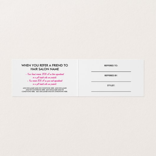 シックな黒い及びショッキングピンクのヘアーサロンの紹介カード 名刺 (内部フラット)