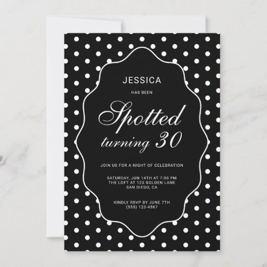 シックな黒い水玉模様の30歳の誕生日パーティー 招待状 (正面)