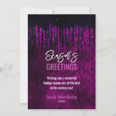 シックな黒い紫のグリッタードリップダマスクリスマス シーズンカード (正面)