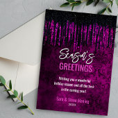 シックな黒い紫のグリッタードリップダマスクリスマス シーズンカード