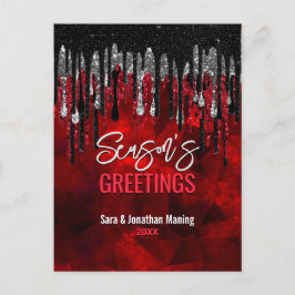 シックな黒い赤いグリッターはクリスマスの新年を乾燥 ポストカード