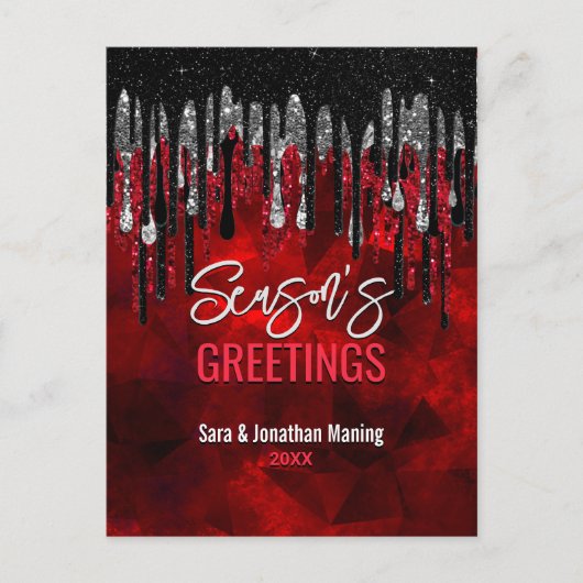 シックな黒い赤いグリッターはクリスマスの新年を乾燥 ポストカード (正面)